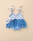 Blue Checker Tulle Dress & Bow