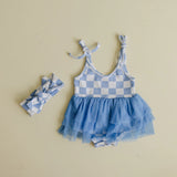 Blue Checker Tulle Dress & Bow